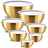 Moxinox Gold Mixing Bowls with Airtight Lids, Stainless Steel Nesting Mixing Bowls Set of 7, Ideal for Baking, Prepping and Serving Food, Size 7, 3.6, 2.7, 2.1, 1.5, 1.1,0.8 QT, Stackable Design