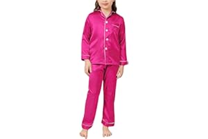 Girls Boys Silk 𝐏a𝐣amas Set Comfy Long Sleeve Satin P𝐣s Button-Down Tops & Pants 2PCS Set Soft Christmas 𝐒lee𝐩wear