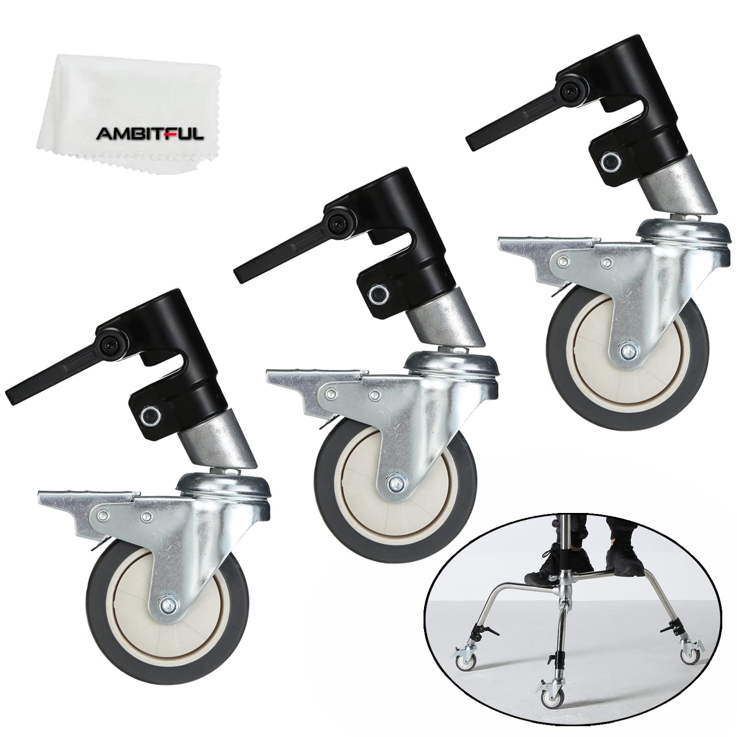 AMBITFUL 3 x Professional C Stand Wheels Installation Diameter of 25 mm, C Stand Wheels 75 mm Diameter 360° Adjustable with Locking Function Light Stand Wheels for Photo Video Studio Shooting