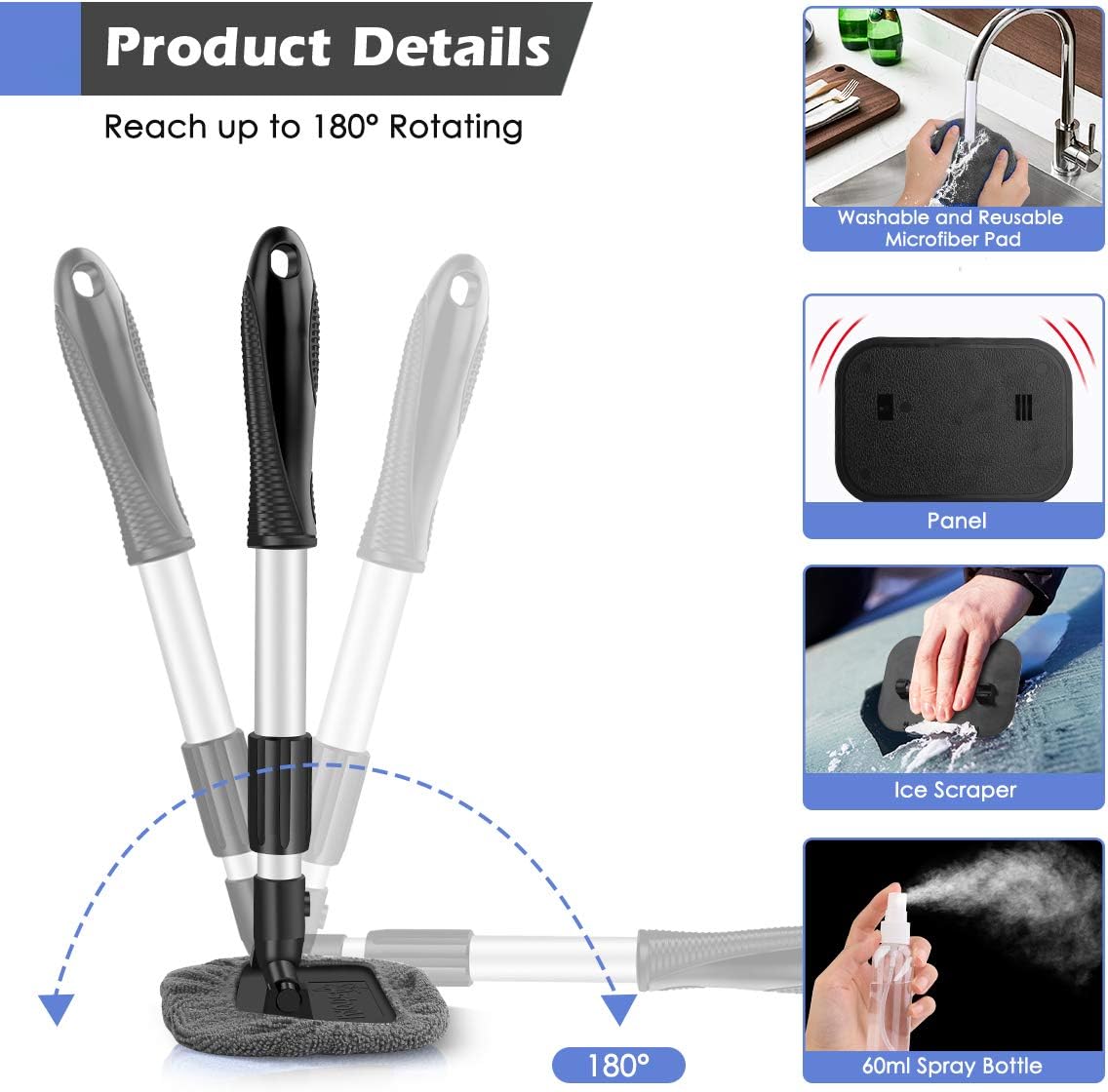 AstroAI Car Window Cleaner, 8 Reusable and Washable Microfiber Pads, Windshield Cleaning Tool with Telescopic and Extendable Handle Auto Inside Glass Wiper Kit, Gray, 2 Pack: Automotive