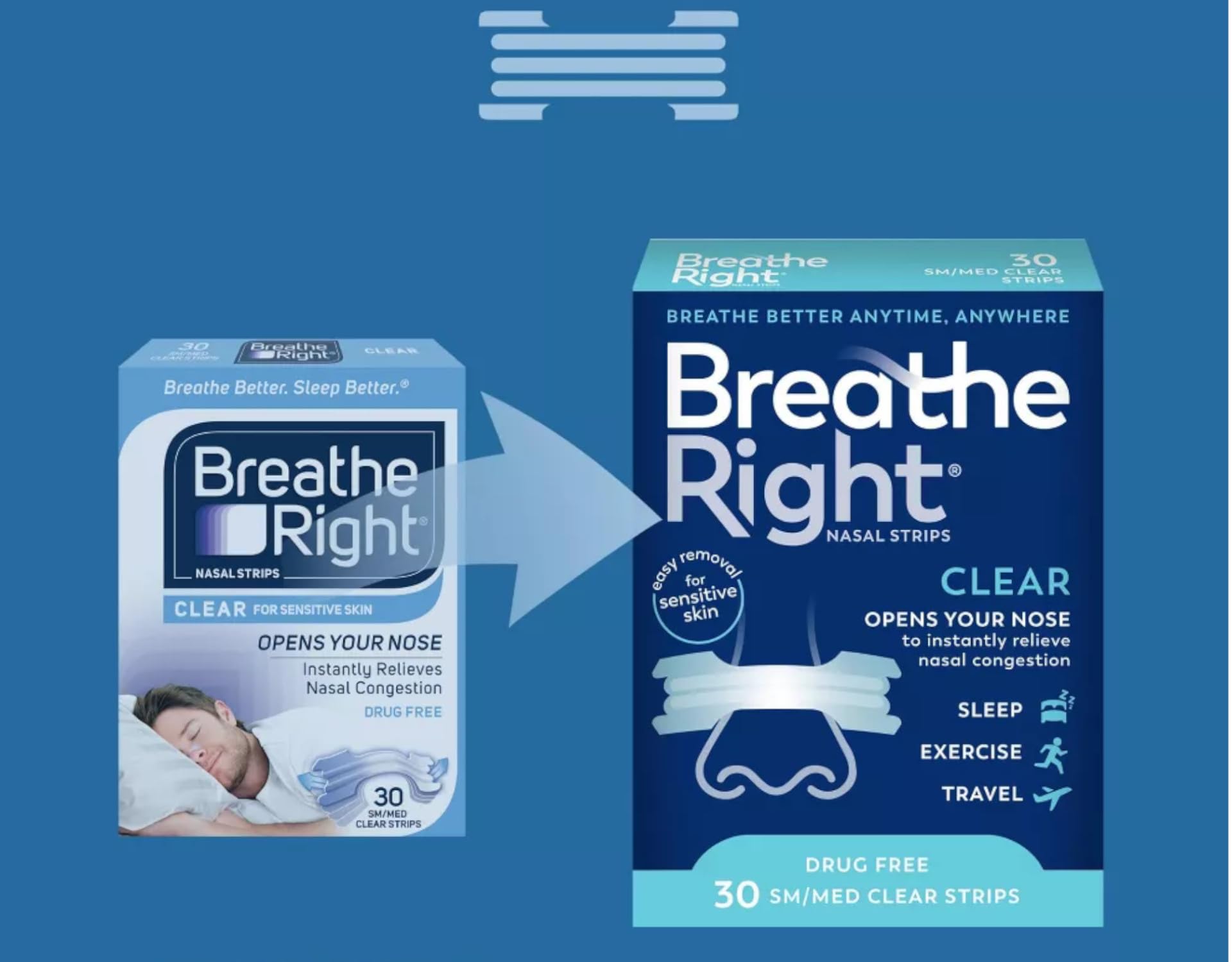 Breathe Right Nasal Strips, Clear, Drug-Free Snoring Relief, Opens Nasal Passages for Better Breathing, 30 ct (Pack of 3)