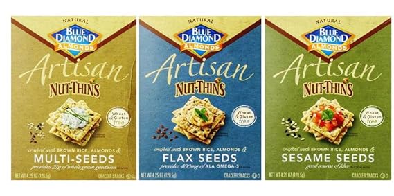 Blue Diamond Wheat & Gluten Free Artisan Nut Thins Crackers 3 Flavor Variety Bundle: Blue Diamond Multi-Seeds, Blue Diamond Flax Seed, And Blue Diamond Sesame Seed, 4.25 Oz. Ea. (3 Total) (787637477053)