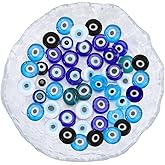 PONABEADIY 1 Box 50PCS 5 Colors 10MM Evil Eye Lampwork Beads Turkish Flat Round Mini Disc Handmade Loose Charms Spacer Glass Bead Bulk for Jewelry Making Earrings Necklace Bracelet DIY Crafts Supply