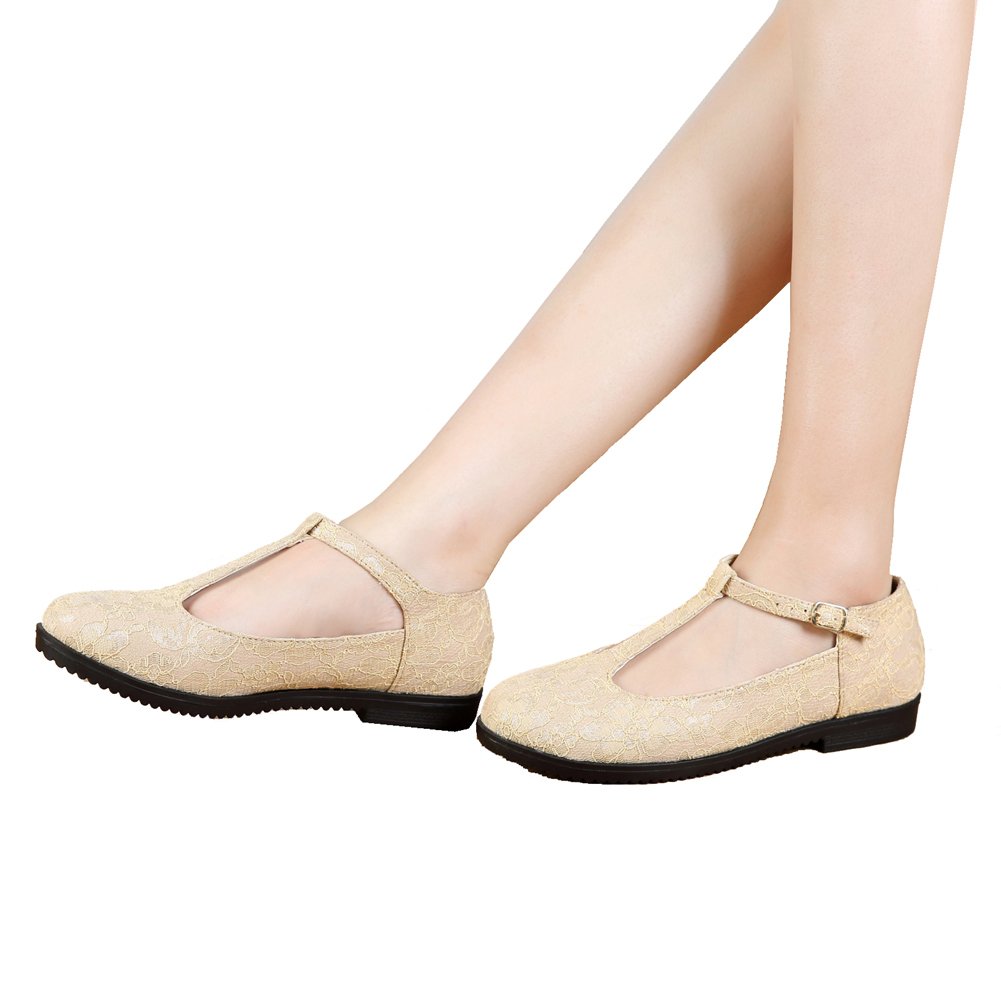 getmorebeauty Women's Beige Mary Janes Flats T Straps with Lace Wedding Shoes Low Heel Shoes (US 8, Beige) - Image 3