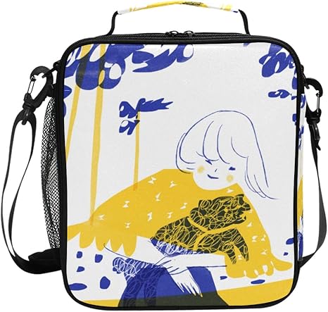 Amazon Eilanna プレミアム ランチバッグ 黄色のドレスを保持している小さな女の子のイラスト 断熱ランチトートバッグ ショルダーストラップ付き ピクニック キャンプ 仕事 学校用 ランチバッグ ランチ巾着 ランチベルト オンライン通販