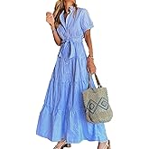 Cocoinsity Women Summer Stripes Dresses Lapel Short Sleeve Lace Up Button Down Casual Dress
