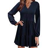 QACOHU Women Spring Tunic Dress 2026 V Neck Casual Tiered Long Sleeve with Pockets A-Line Swing Mini Babydoll Dress