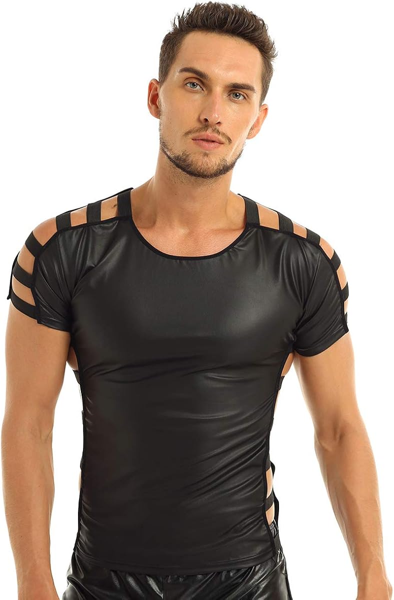 CHICTRY Men's Wet Look Faux Leather Short Sleeve TShirts Slim Fit