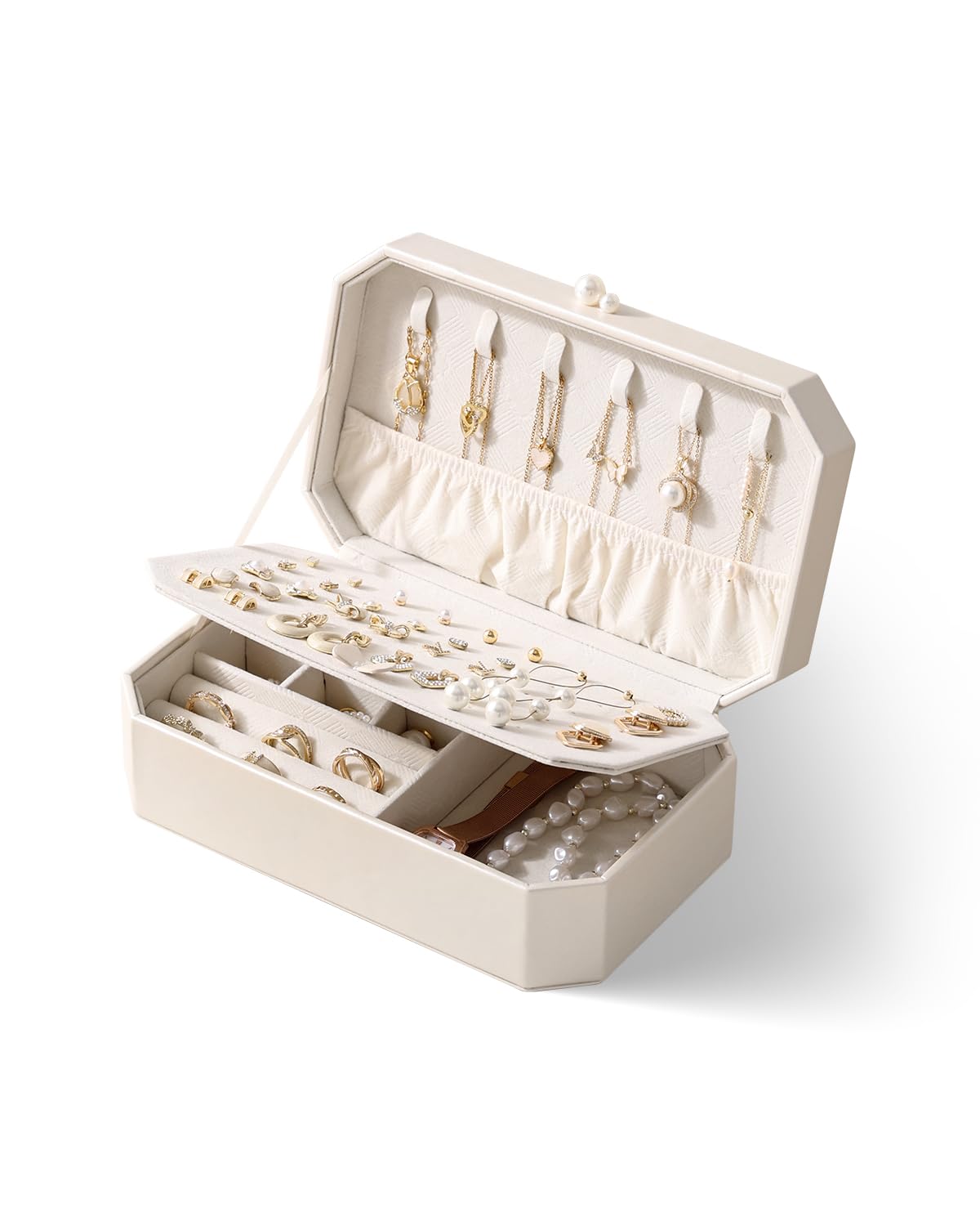 Photo 1 of CASEGRACE Small Jewelry Box Necklace Ring Earrings Bracelets Storage Organizer PU Leather Small Jewelry Case Portable Mini Display Storage Holder Boxes for Women Gift/white (white)