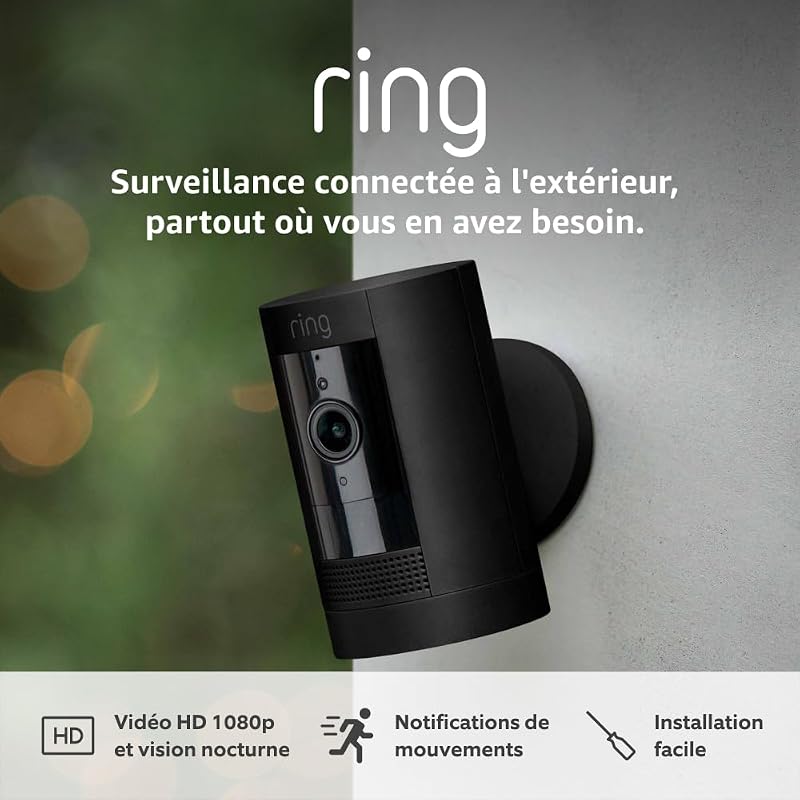 Caméra extérieure sans fil (Stick Up Cam)| Caméra de surveillance wifi HD sur batterie, audio bidirectionnel, détection de mouvements, fonctionne avec Alexa | Essai Ring Home gratuit 30 j.