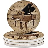 Coasters Set of 4, Retro Piano Music Sheet Absorbent Coasters 4 Inches Round Ceramic Coasters for Drinks Coaster for Coffee Table Office Summer Outdoor Home Decor