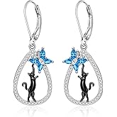 Black Cat Earrings for Women Blue Butterfly Dangle Earrings Sterling Silver Rhinestone Stud Hypoallergenic Halloween Cats Lover Gifts Pet Jewelry