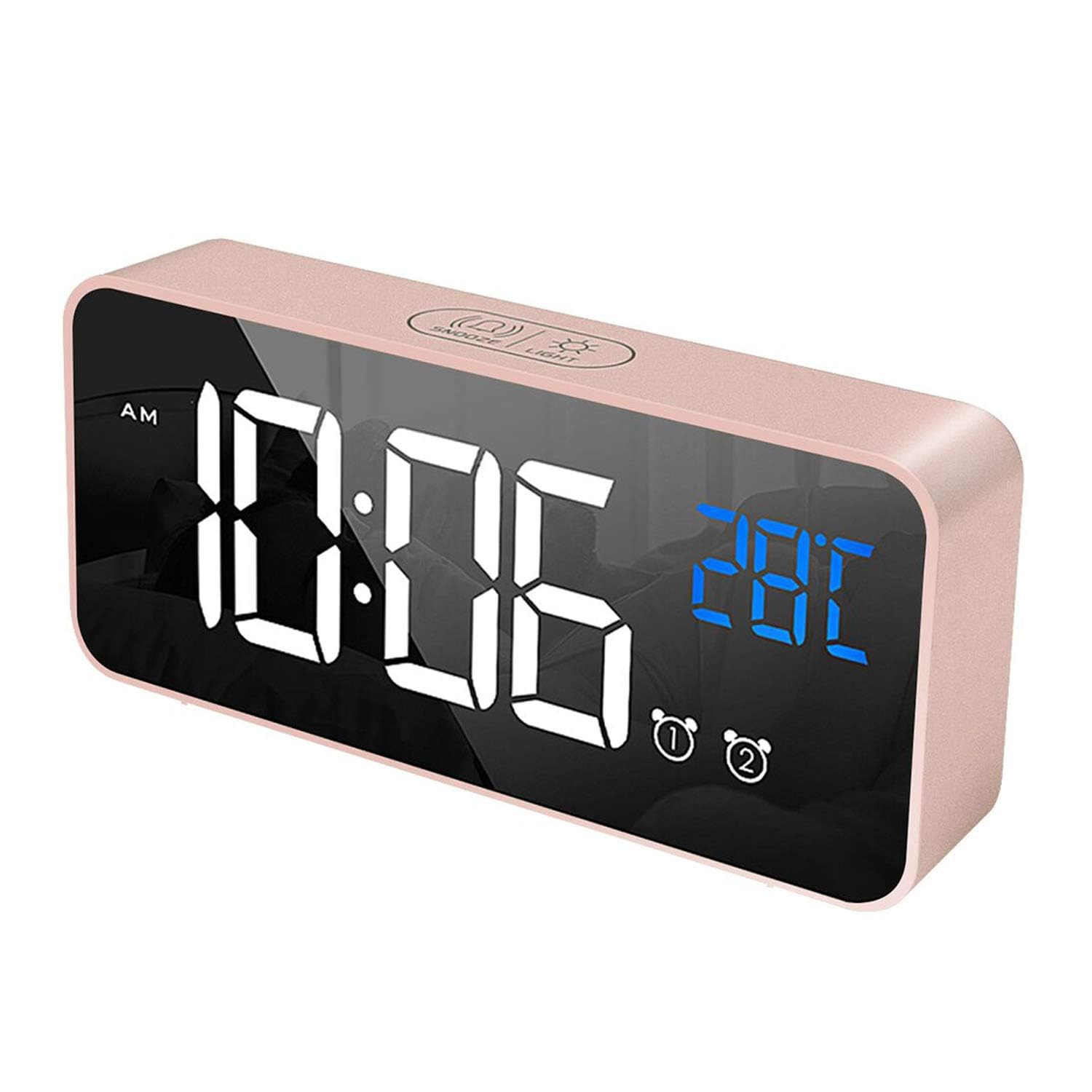 HOMVILLA Digital Alarm Clock with Big LED Temperature Display, Portable Mirror Alarm with Dual Alarm Snooze Time 4 Levels Adjustable Brightness Dimmer 10 Music USB Charging Port for Bedside, Bedroom