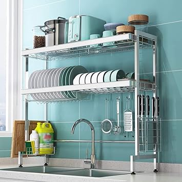 Amazon Co Jp オーバーシンク食器乾燥ラック ステンレス鋼食器ラック 調理器具ホルダー付きスペース節約食器水切りキッチン用品収納棚銀2層66cm スポーツ アウトドア