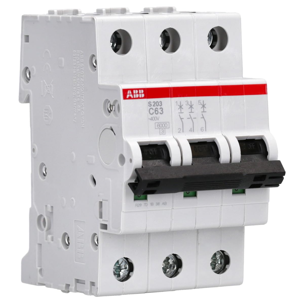 ABB S203-C63 Miniature Circuit Breaker, 3 Pole, Type C, 6/10kA Breaking Capacity, 63 Amp Current (2CDS253001R0634)
