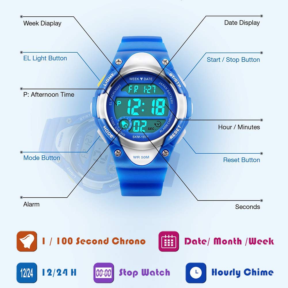 ragazzi orologi digitali, bambini orologio sportivo con allarme, outdoor 50 m impermeabile cronometro orologi da polso con luce LED elettronico per adolescenti ragazzi - blu by Foruner