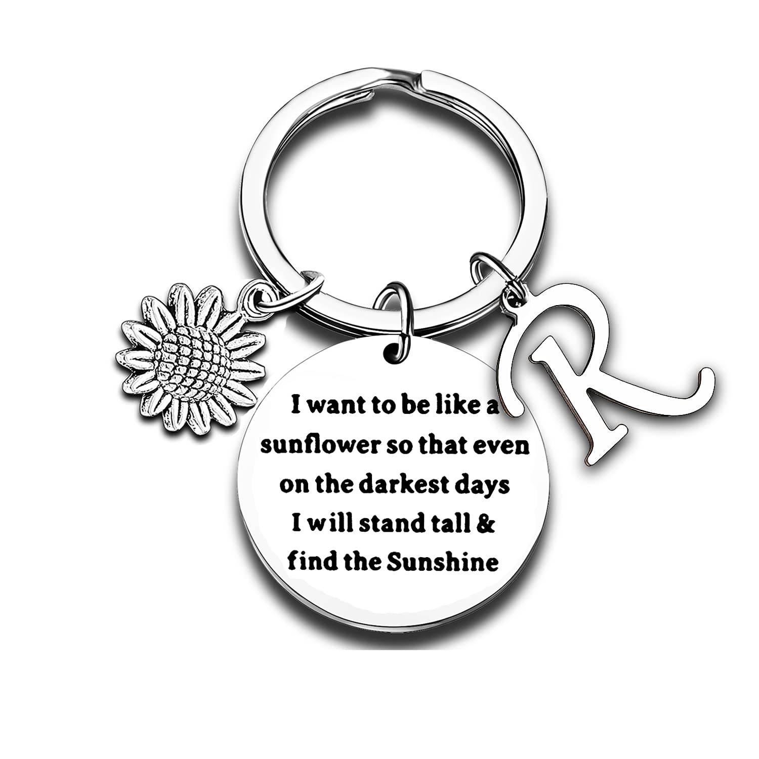 Initial Keyring Letter Sunflower Charm Keychain Inspirational Key Ring Girls Gifts Sunflower Gifts for Women (R)