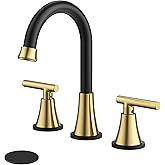 Bathroom Faucets for Sink 3 Hole, Hurran Black& Gold Bathroom Sink Faucet with Pop-up Drain and Supply Lines, Stainless Steel Lead-Free Widespread Faucet for Vanity RV Farmhouse Sink