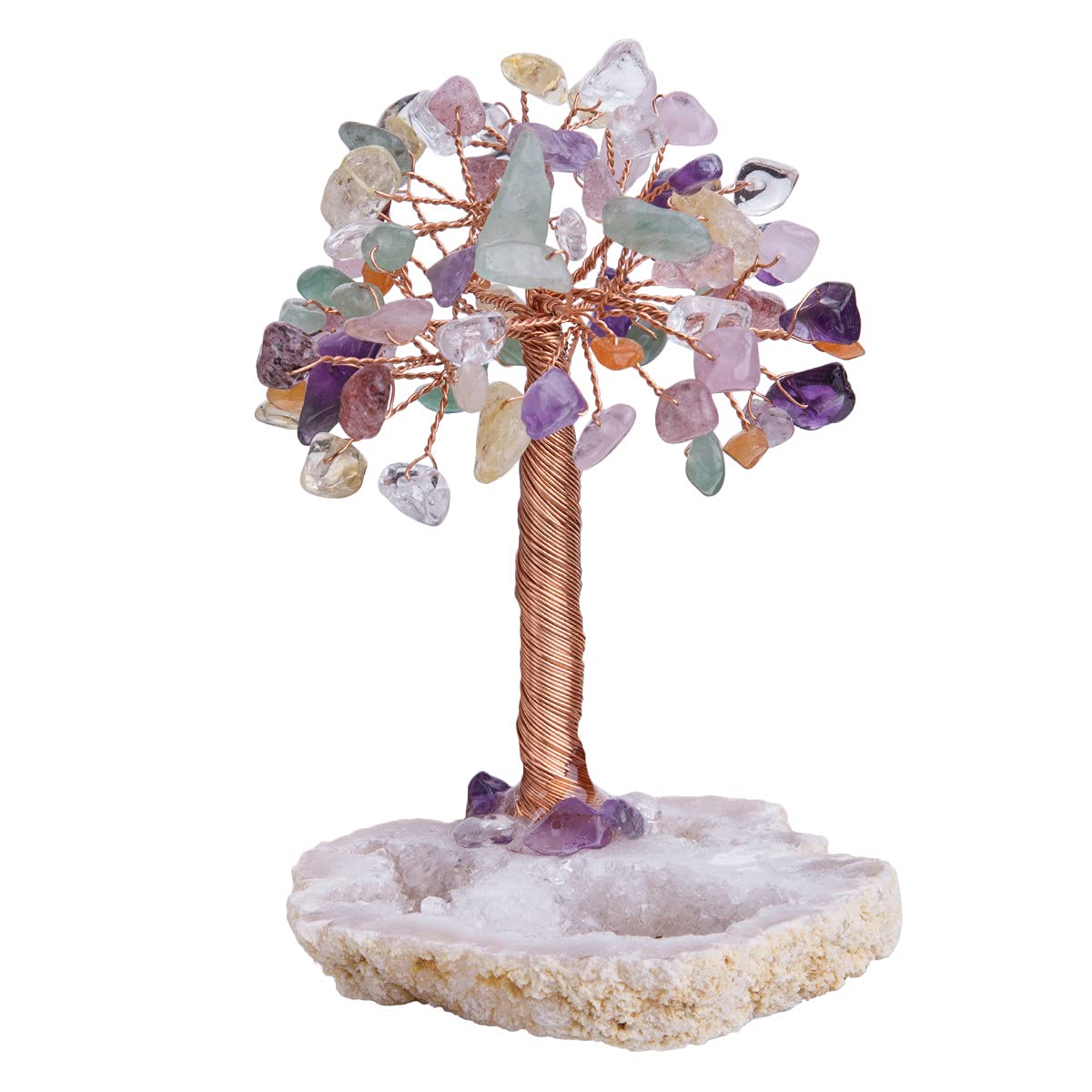 Nupuyai Natural 7 Chakra Healing Crystals Tree of Life with Geode Cluster Base, Bonsai Money Tree Figurines Fengshui Ornament for Good Luck and Wealth