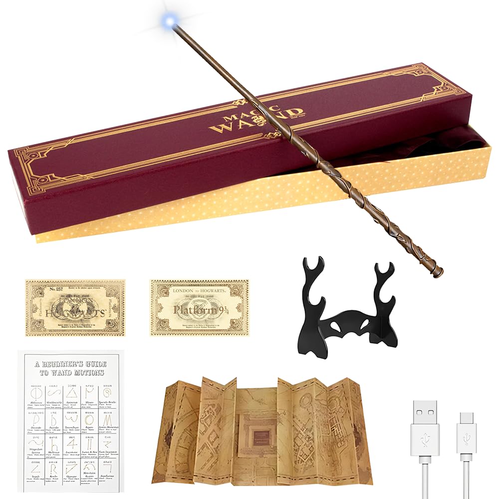 NAVESO 37cm Magic Wand, USB Charging Wands, LED Light Up Wizard Wand in Gift Box with Spell Card, Station Ticket, Map,Necklace and Holder (B)
