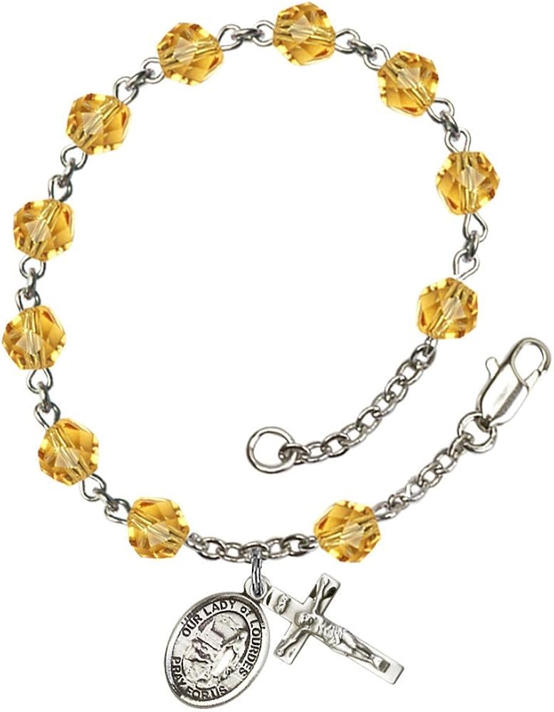 Bonyak Jewelry Our Lady of Lourdes Silver Plate Rosary Bracelet 6mm Fire Polished Beads Every Birth Month Color