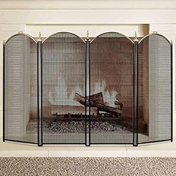 Large Gold Fireplace Screen 4 Panel Ornate Wrought Iron Black Metal Fire Place Standing Gate Decorative Mesh Solid Baby Safe Proof Fence Steel Spark Guard Cover Outdoor Fireplace Tools Accessories