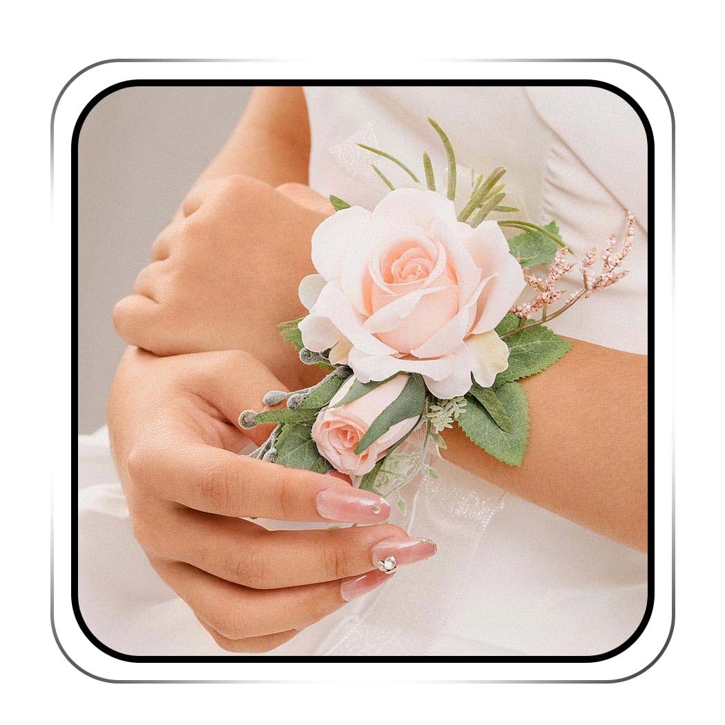 IYOU Bride Wrist Corsage Pink Rose Bridal Wrist Corsage Leaves Flower Prom Wedding Wrist Hand Flower for Woemen(2Pcs)