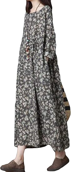 Amazon Debangniレディース ワンピース マキシ丈 夏服 ゆったり 花柄 ロング丈 長袖ワンピース 綿麻 リネン Aライン オシャレ シンプル ワンピース チュニック 通販