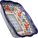 Polish Pottery Ceramika Boleslawiec Fala Baker Small, 7-3/4-Inch by 6-1/8-Inch, 3 Cups, Royal Blue Patterns with Red Cornflower and Blue Butterflies Motif