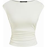 CIDER Boat Neck Tops for Women Sleeveless Ruched Crop Tank Tops Slim Fit Trendy Summer Outfits Casual Tee Shirt