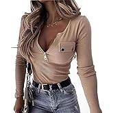 OUFEIYA Womens Long Sleeve Henley T Shirts Button Down Slim Fit Zipper Tops Scoop Neck Ribbed Knit Shirts