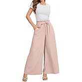 KICZOY Wide Leg Casual Pants Women Elastic Drawstring Waisted Palazzo Cropped Trousers Baggy Slacks with Pockets
