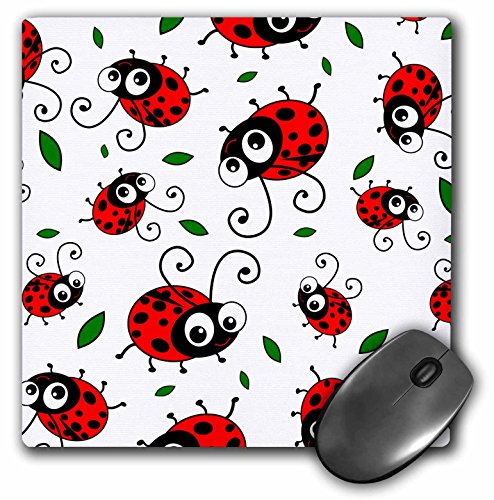 3dRose LLC 8 x 8 x 0.25 Inches Mouse Pad, Cute Red Ladybug Pattern with Green L…