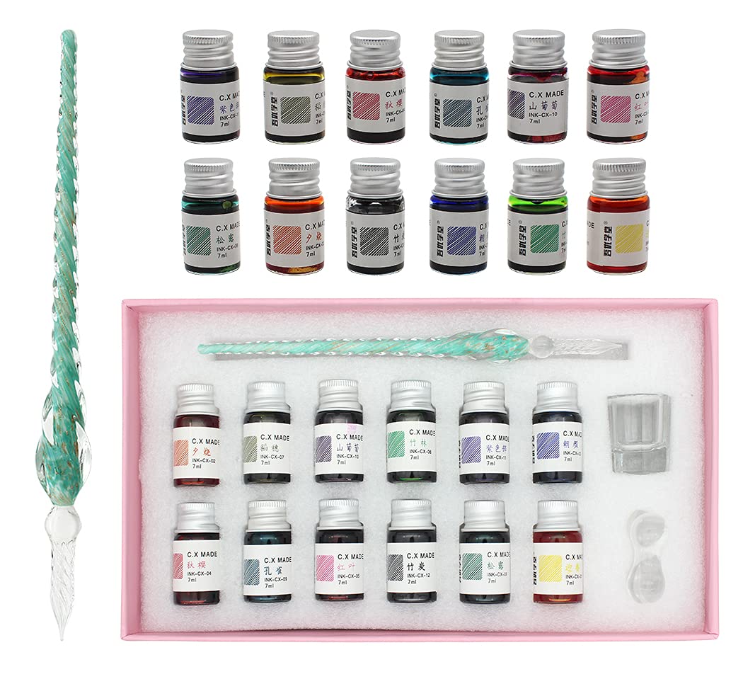 XIAOYU Glass Dip Pen Set with Ink, Crystal Writing Pen and 12 Bottles Colorful Inks for Art, Signatures, Calligraphy, Decoration Glass Dip Pen Set with Pen Holder and Cleaning Cup, Green