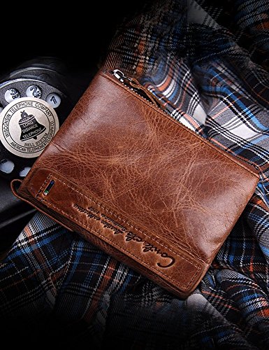 Men’s Genuine Leather Wallet – Vintage Cowhide Bifold With Double Zipper Pockets & Coin Compartment - View #10