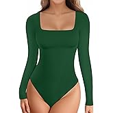YOGINGO Long Sleeve Square Neck Bodysuits for Womens Going Out Body Suits Basic Leotards Jumpsuits Outfits Shirt Tops Halloween Fall Outfits Dupe Tummy Contro Green L