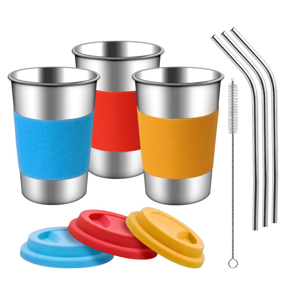 Stainless Steel Cups with Silicone Lids, Sleeves and Straws | 3 Pack 16 oz. Drinking Tumblers Cups for Toddlers, Kids and Adults | Eco-Friendly | BPA-Free (Stainless Steel Straws)