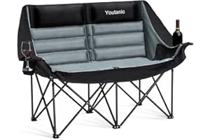 Youtanic Oversized Camping Chair, Double Folding Loveseat Camping Couch with Pocket, Cup Holder and Carry Bag, Heavy Duty Portable Camping Chairs for Adults, Fishing, Sports, Trip, up to 660lbs, Black