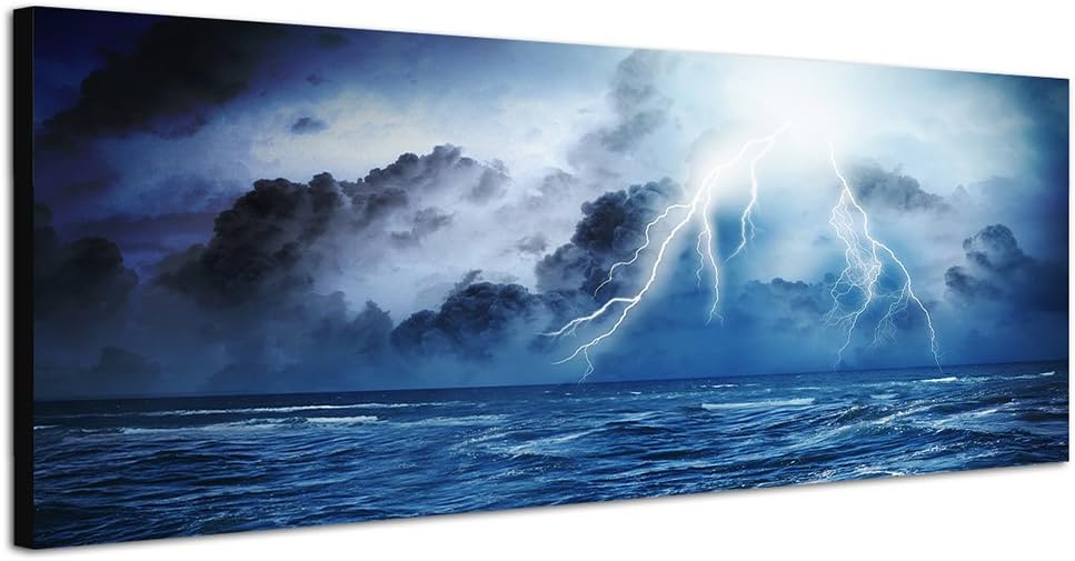 150 x 50 cm Wall Canvas Picture als Panorama Sea Clouds Storms Lightning Night