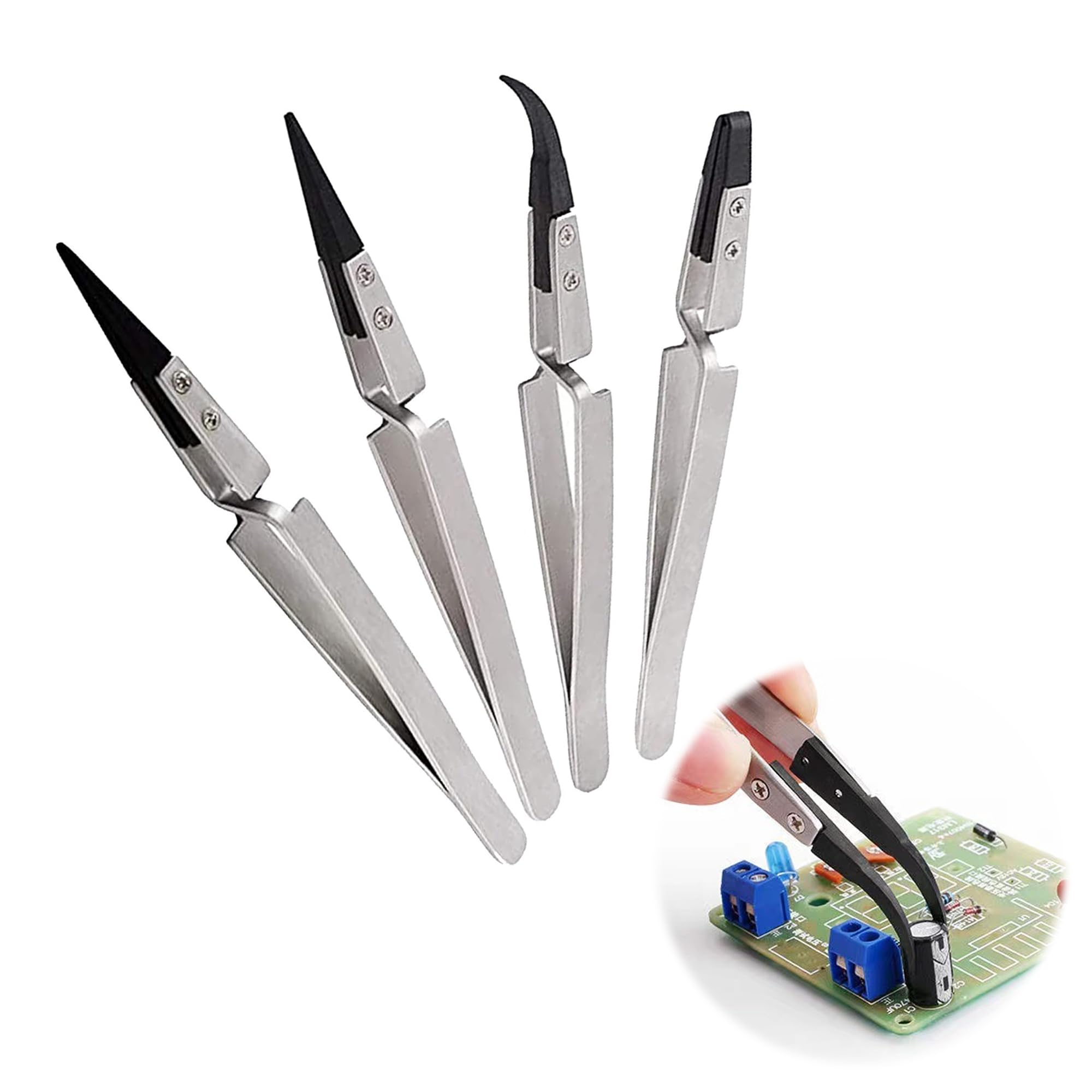 Stainless Steel Curved Tweezers Set Precision Plastic Anti Static Tweezers Kit Pointed Curved Tweezers Non Magnetic ESD Tweezers for Electronics Watch and Clock Repair Jewelry Making 4 Pieces