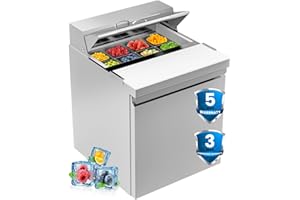 KICHKING 27” W Commercial Refrigerators 7 Cu.ft Sandwich&Salad Prep Table Stainless Steel Counter Single Door Fan Cooling Refrigerator 8 Pans for Salad Bars, Quick-Service Restaurant
