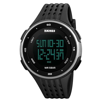 SKMEI Mens Digital Sports Watch Military Waterproof Watches Led Screen Big Face Chronograph with Black Silicone Strap Simple Army