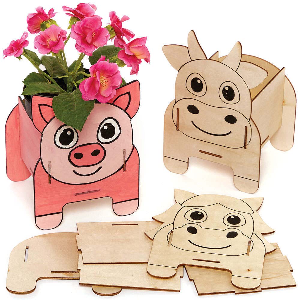 Baker Ross FC811 Horse, Pig and Cow Wooden Flowerpot Kits - Pack of 3, Craft Kits for Kids, Plant Pot Painting, Wood Crafts