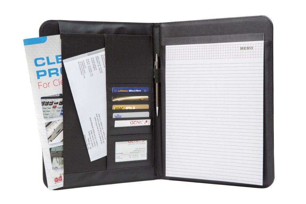 Genie A4 Elegant Writing Case Wiesbaden, Extra Thin and Durable, Leather-Effect Includes Desk Pad, Pen Holder, Pocket Card, Business Card Holder Black