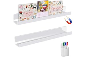 PENGYUDA 2 Pack Magnetic Book Shelf for Whiteboard Classroom,Reusable Acrylic Magnetic File Holder with a Pen Container,Floating Book Display Shelf for Teacher Kids Room Office (White,17inch)