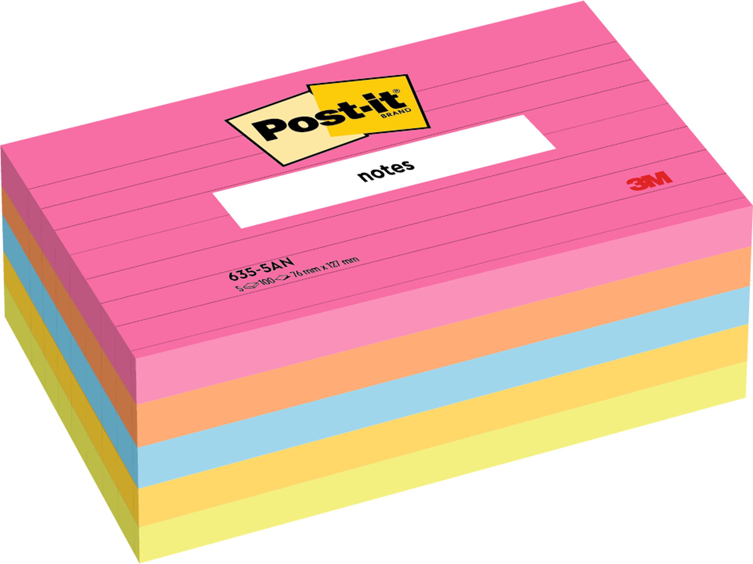Post-it Notes - Neon Colours: Fuschia, Green, Citrus, Orange, Pink - 5 Pads Per Pack - 100 Sheets Per Pad - 76 mm x 127 mm, Cape Town Collection, 635-5AN