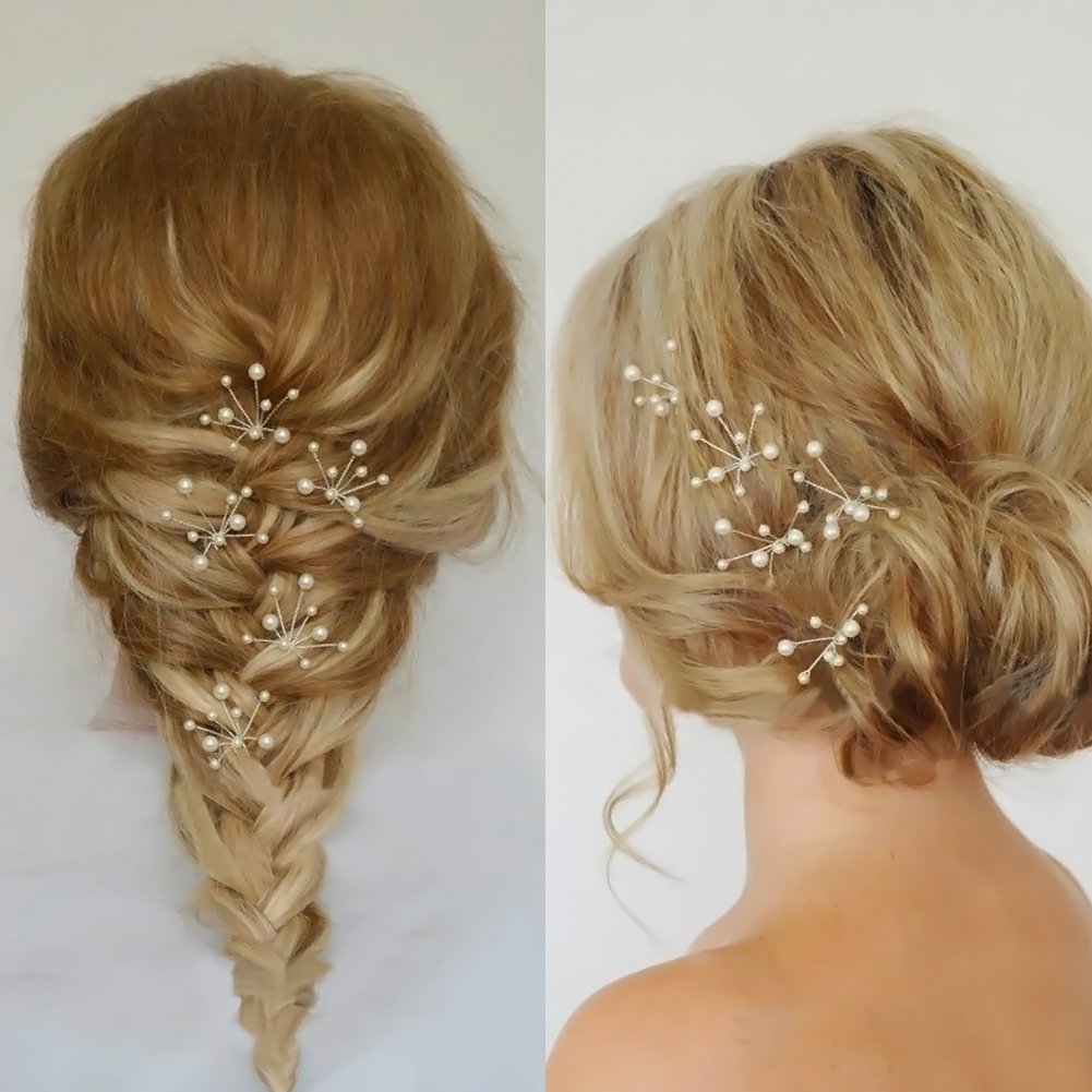 6 pcs Wedding Hair Accessories, Bridal Pearl Headband, Crystal Rhinestone Hair Wreath with Wedding Hair Pins for Bride and Bridesmaids