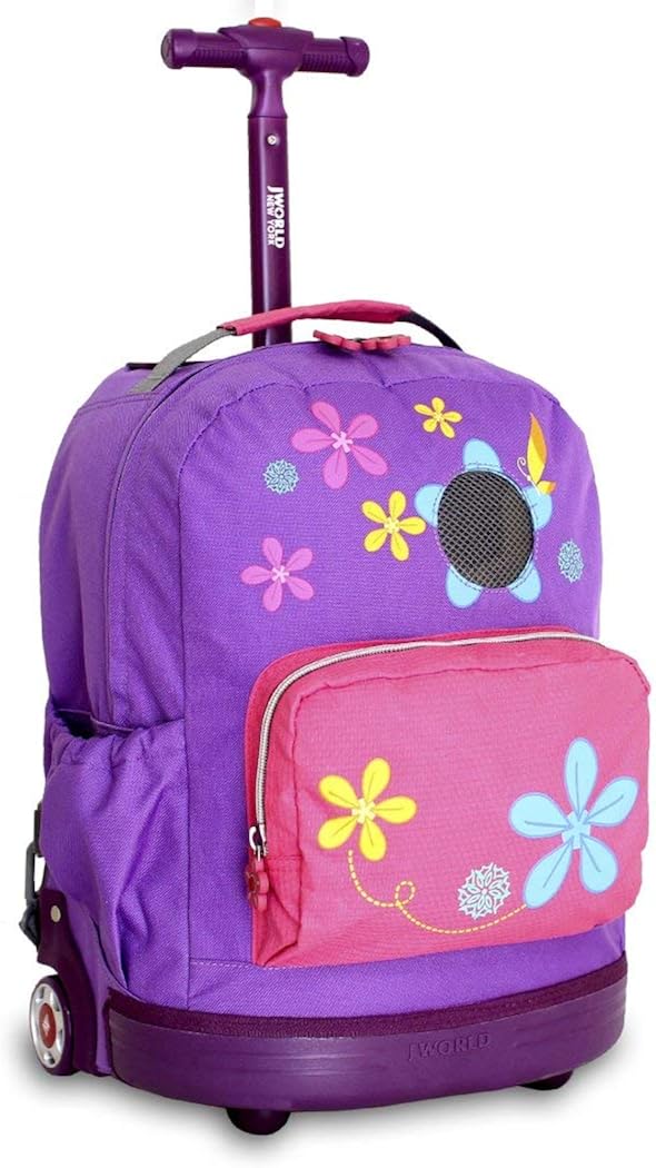 Kids Purple Pink Floral Pattern Rolling Backpack, Fashionable, Wheeling
