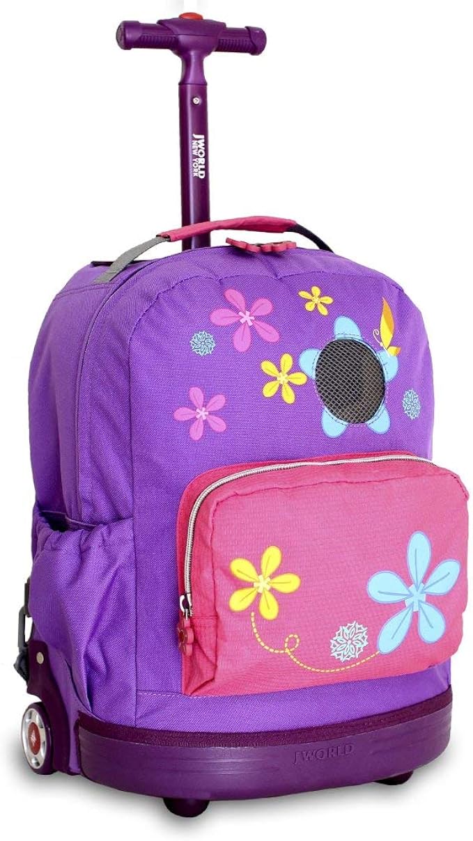 Kids Purple Pink Floral Pattern Rolling Backpack, Fashionable, Wheeling
