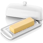 Nucookery Ceramic Butter Dish with Lid for Countertop, Non-Slip Strip,White | 8'' Wide porcelain butter keeper for counter, non-slip ridge,large airtight tray locking cover,dishwasher safe,Christmas gift